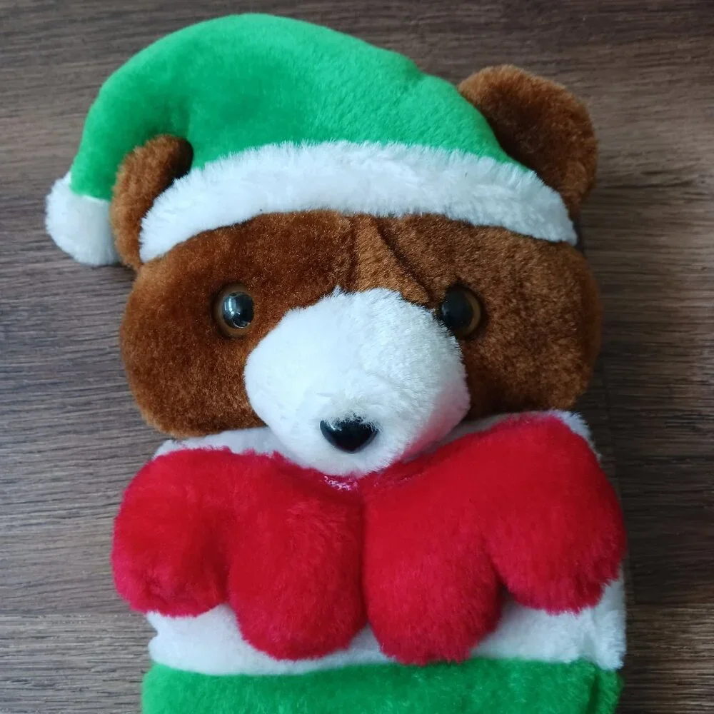 Vintage Teddy‎ Bear Plush 3D Hanging Christmas Stocking Santa Hat Green Justen
